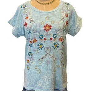 CAITE Ocean Teal Embroidered Shirt Top Women size XS 100% Cotton Boho